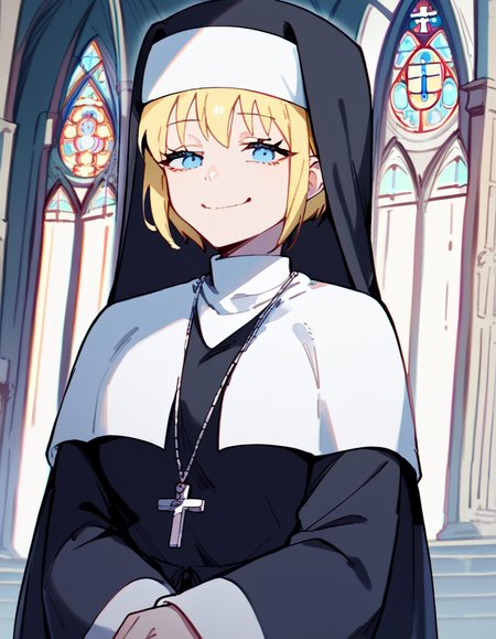 score_9, score_8_up, score_7_up, source_anime, <lora:fireforce-iris-s1s2-ponyxl-lora-nochekaiser:1>, iris, short hair, blonde hair, blue eyes, medium breasts,, <lora:traditional-nun-ponyxl-lora-nochekaiser:1>, traditional nun, nun, habit, long sleeves, dress, black dress, jewelry, black veil, cross, cross necklace,, church, smug, praying,, , dutch angle, cowboy shot