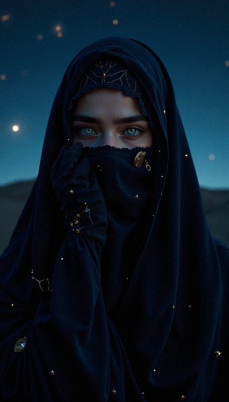 photorealistic image of a hijabi arab woman enveloped in a dark, flowing veil that is adorned with tiny, glowing stars. Her light green eyes, the only visible feature, are captivating, glowing softly under the moonlight. The background is a serene night sky filled with shimmering stars and subtle light rays, giving her an almost celestial aura.

a rich, flowing velvet fabric for her abaya that absorbs light, giving her outfit a soft, matte finish.celestial-themed jewelry accents, such as small moon and star charms on her veil and earrings, enhancing the mystical feel.a delicate lace trim with star motifs along the edges of her veil and abaya, highlighting her elegance and modesty.softly glowing hijab pins shaped like stars or moons, securing her veil in place with elegance. gold leaf detailing on her abaya’s borders, reflecting the light and adding a touch of elegance to her outfit.a midnight blue hijab with subtle, woven patterns that resemble constellations, contrasting gently with her dark abaya.Line the inside of her abaya sleeves with a soft, shimmering silk fabric that shows when she moves, adding a luxurious touch.

 gentle light rays filtering through the background, adding a sense of depth and illuminating her figure subtly.Highlight the intricate lace detail on her veil with soft lighting, emphasizing its texture and craftsmanship.a faint, silhouetted landscape in the background, such as a distant mountain or sand dune, lightly illuminated by the starlight.

Her facial aesthetics include a soft shadow under her eyes, giving them depth and enhancing her intense gaze.a soft, glossy finish to her lips, making them look hydrated and defined.slight, natural eye bags to add depth and a hint of realism to her serene appearance.a soft highlight under her eyebrows, accentuating their natural arch and shape.

One hand is raised slightly in front of her, palm facing upwards in a gentle gesture, eyes looking softly at her hand.
