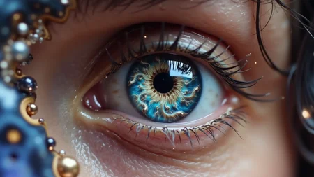 A close-up shot reveals the captivating eye of a woman, where her iris is transformed into a stunning fractal design filled with swirling patterns in vibrant colors of deep indigo, radiant turquoise, and shimmering gold. The fractal draws the viewer deeper into its complex geometry, embodying the essence of C183kw8rx. Her eyelashes frame the eye gracefully, while the sclera glistens softly, reflecting light and enhancing the depth of her gaze. In the blurred background, pastel hues swirl gently, harmonizing with the fractal, while a faint mandelbrot pattern pulses along the edges, merging the surreal beauty of the design with retro-futurist cosmic surrealism.
<lora:C183kw8rx_v3_c5f1f0ef:1.4> <lora:retro-futurist-cosmic-surrealism-flux:1.1>