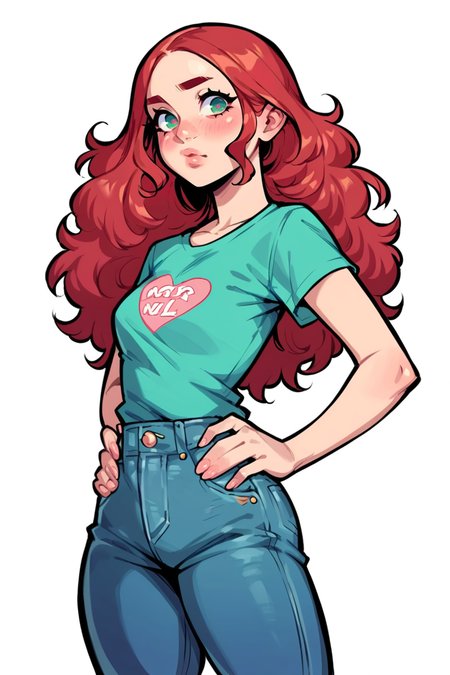 <lora:mix76:1>, score_9, score_8_up, score_7_up, score_6_up, score_5_up, rating_questionable, source cartoon
1girl, pretty face, pretty eyes, detailed eyes, HD eyes, thick thighs
hands on hips, standing, cowboy shot
looking at viewer, blush, eyebrows, long hair, red hair, green eyes jeans, green t-shirt, boots, high waisted jeans
simple background, white background