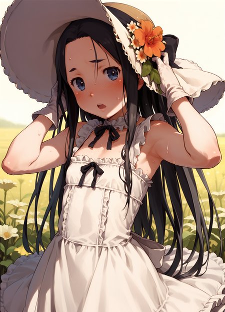 score_9, score_8_up, score_7_up, cowboy shot, 1girl, solo, hat, black hair, long hair,  gloves, flower,  dress, sun hat, blush, blue eyes, forehead , open mouth, flat chest, frills, hands on headwear, sweat,  grassland, flower,   <lora:naruko_hanaharu_Pony_dim32:0.8>