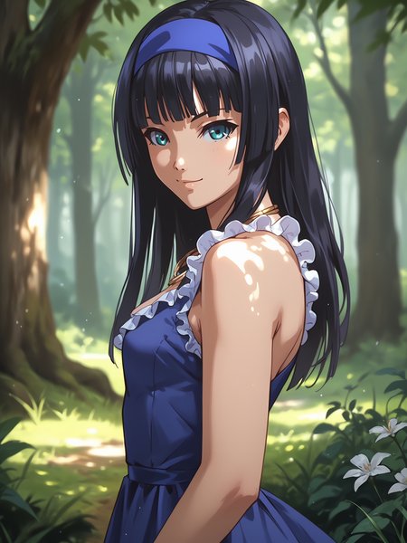 <lora:happy_tentacle-olivia-v0.2-000018:0.9>, ht_olivia, blue hairband, necklace, , blue dress, frilled dress , cowboy shot, 1girl, (petite:1.2), solo focus, smile, , (looking at viewer:1.1), outdoors , , (depth of field:0.8), from side, [(realistic, photorealistic:1.2):(realistic:1.3):22], [(3d:1.2)::10], <lora:LUUNA's Lunas-NijiJourney-SDXL-B2:0.5>, nijijourney, <lora:prgfrg23's Counterfeit-V3.0 Style SDXL_LoRA_Pony Diffusion V6 XL:0.35> score_9, score_8_up, score_7_up, score_6_up, score_5_up, score_4_up,