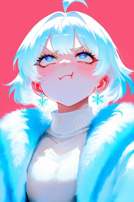 1girl, mon \(monmon2133\), general, 

white hair, ahoge,

blue eyes, pink pupils, looking up, rolling eyes, 

pout, annoyed,

white sweater, ribbed sweater, blue fur, fur coat,

snowflake earrings, 

simple background, pink background, white background, 

best quality, very awa, highres, newest