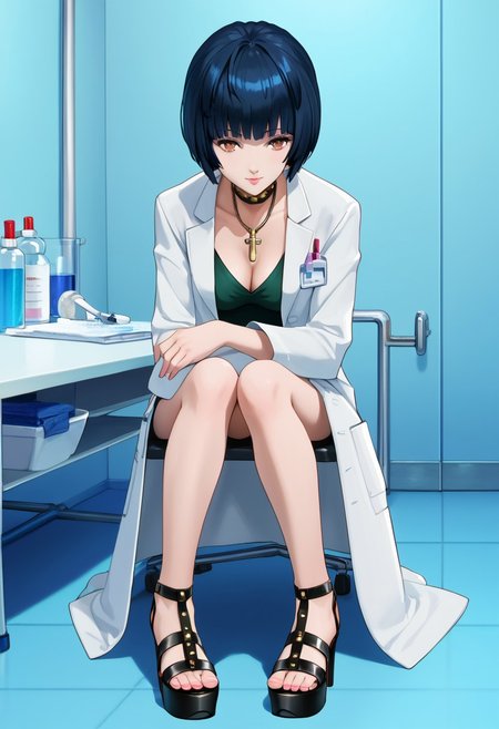 score_9, score_8_up, score_7_up, source_anime, (masterpiece, Highest quality:1.4), (beautiful, perfection, delicate, Complex:1.2), (cute, Fascinating), (Depth of written border:1.2), Realistic Face:1.2, 
1 girl, mature female, adult woman, sexy woman,
p5tae, tae takemi, short hair, bob cut, bangs, labcoat, necklace, choker, studded collar, short dress, dark green dress, cleavage, red belt, gladiator sandals, platform footwear,
Hospital, examination room, examination table, sitting, cross legs, view from front. cowboy shot,