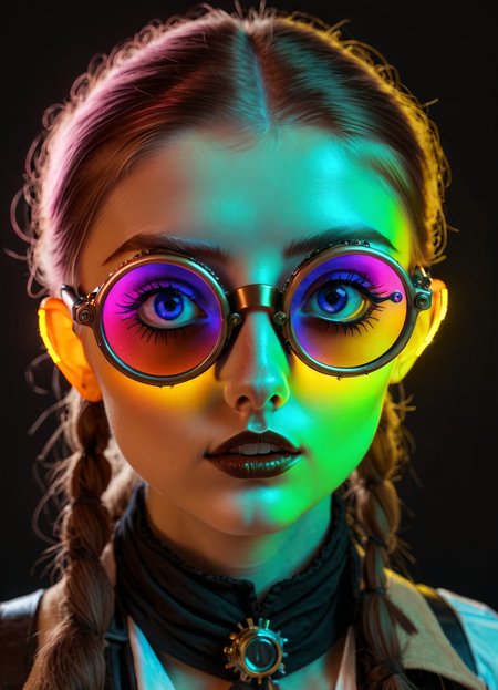 Ombre color scheme of neon blue, neon pink, neon yellow, neon green, neon orange, (woman:1.1) (freckles:0.8) with giant steampunk glasses <lora:ip-adapter-faceid-plusv2_sdxl_lora:1> <lora:sss:0.8>, subsurface scattering, Photorealistic, Hyperrealistic, analog style, realistic, film photography, soft lighting, heavy shadow, detailed skin texture, (blush:0.5), (goosebumps:0.5), subsurface scattering
