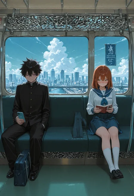 1boy, black hair, spiked hair, loose bangs, pink eyes, detailed eyes, japanese school uniform, black uniform, dress shoes, high collar, hand in pocket, school bag, holding phone,
1girl, medium hair, auburn hair, hair between eyes, crossed bangs, orange eyes, detailed eyes, serafuku, white sailor shirt, long sleeves, blue trim, blue sailor collar, blue bleated skirt, white knee socks, dress shoes, sitting, holding book, reading book,
train interior, cityscape, bridge, iron rail, blue sky, fluffy clouds, pigeons, sunny day,        
masterpiece, best quality, amazing quality, very aesthetic, absurdres, newest, flat_color