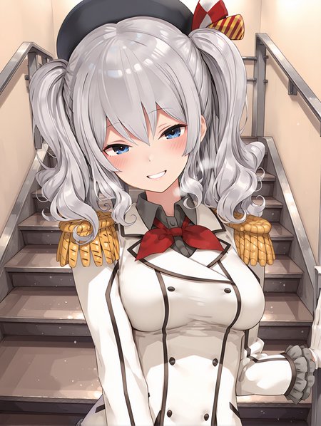 masterpiece,best quality,newest,
1girl,solo,
kashima,k_hat,black beret,k_clothes,epaulettes,white jacket,long_sleeves,<lora:Fixhands_anime_bdsqlsz_V1:1>,<lora:emergency_stairs_ilxl_v1.0:1>,e_stairs,grin,standing,<lora:kashima_ilxl_v1.2:1>,looking_at_viewer,from_side,upper_body,heavy_breathing,blush,