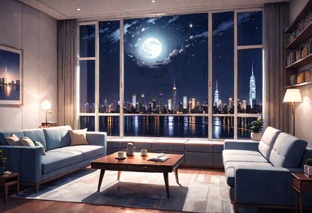 ((front view)), Shallow scene, ((animation style)), modern-style interior, with white walls, (large windows), a  study, Sofa, coffee table, bookcase, single wall, 
Warm lights, quiet and mysterious night sky, starry sky, moonlight, city night view, (City high-rise building scenery), (City scenery outside the window)