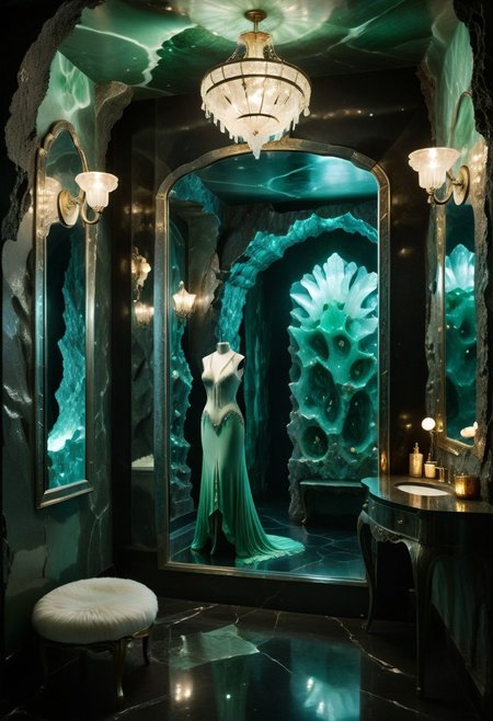 a burlesque dancer's dressing room within a crystal cavern; the cavern wall is a granite texture made from  obsidian, jade, and quartz or agate. (The room is illuminated by a pair frosted-jade sconces that flank a vanity mirror), beautiful dresses hang from a clothing rack next to an ornate armoire. the overall ambience combines a sense of intrigue with opulence.
