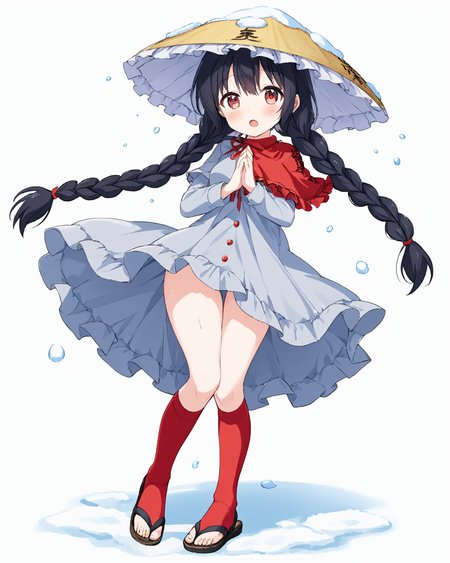 yatadera narumi,1girl, solo, ajirogasa, twin_braids, looking_at_viewer, red_socks, wariza, blush, sandals, long_sleeves, white_background, grey_dress, snow, open_mouth, torn_dress, red_capelet, thighs, medium_breasts, clothes_writing, frills, tears
<lora:yatadera_narumi_image528_2023-12-20:1>,star-shaped_pupils,symbol-shaped_pupils,. gorgeous,key visual, vibrant, studio anime,award-winning, professional, highly detailed,high budget, cinemascope