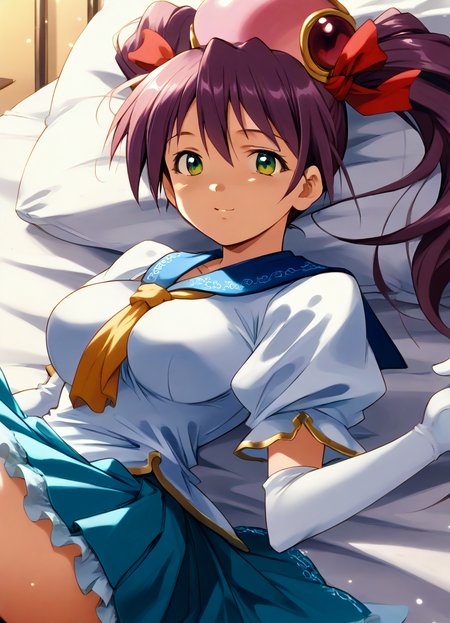 score_9, score_8_up, score_7_up, masterpiece, best quality, very aesthetic, absurdres, official art, official style, (anime screencap, megami magazine:1.3), zPDXL2, zPDXLxxx, 1980s \(style\), retro artstyle, <lora:plasticnovel-sdxl-pd6:0.7> <lora:kaiga style pony v1_epoch_10:0.9>, kaiga_style <lora:reco.pony:1>, 1girl, solo focus, reco, def, large breasts, BREAK, 4fingers, 1thumb, <lora:neg4all_bdsqlsz_xl_V91:1.0> <lora:ALTXL_pony_0061_8:2.0>, <lora:Difference_SaturationEbaraPonyCoolTemperatureV2_1e04:1.0>, looking at viewer, cowboy shot, (from side:1.3), looking at viewer, dutch angle, bedroom, on bed, bed sheet, pillow, morning, dim lighting, light particles, (on back:1.2), (from behind:1.2)