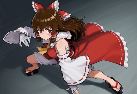 best quality, hires, thick outlines, fullbody, from above,
1girl, solo, (kanna \(cookie\):1.2), (hakurei reimu:0.5),
long hair, brown hair,
hair bow, hair tubes, frilled tubes, frilled bow,
blush sticker, tareme, 
bare shoulders, detached sleeves, ribbon trimmed sleeves, white sleeves,
sarashi,
red shirt, frilled shirt collar,
ascot,
bloomers,
showgirl skirt,
platform sandals,
medium breasts, 
bandaged hand,
fighting stance, dynamic pose
