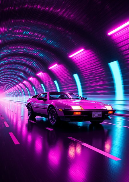 <lora:ck-Neon-Retrowave:1>, ck-nw,  in the style of ck-nw, action shot of a DMC-12 car driving through a tunnel
