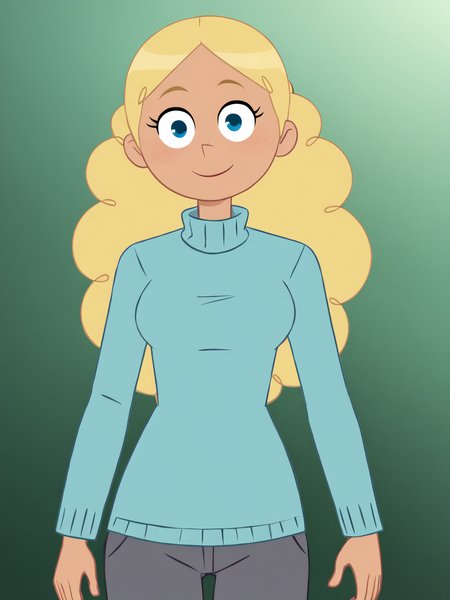 score_9, score_8_up, score_7_up,  score_6_up, BREAK, P13rr3tt3, 1girl, solo, long hair, blue eyes, blonde hair, blue sweater, turtleneck, grey pants,  
standing, simple background, smile, face viewer, looking at viewer  <lora:Pierrette-000009:0.9>