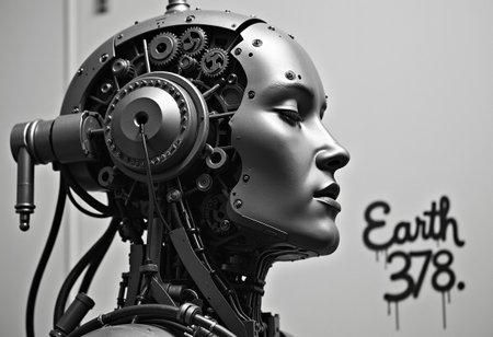 professional A black and white photo of a robot's head and upper body, entirely composed of metallic parts. The robot's face is intricately designed with exposed gears, cogs, and cylinders, which create a detailed mechanical structure. The face is tilted slightly to the side, with its eyes closed and its mouth slightly open, giving the impression that it is about to speak. The central features of the face are complex, with gears arranged in a circular formation, some overlapping to create depth. On the left side, a cylinder is connected to a pipe, while on the right, a similar setup is linked to a cylinder with a handle. Wires run between the components, adding to the technical complexity. The background is simple and neutral, allowing the mechanical details to stand out. In the bottom right corner, there is text written in a cursive font, adding a subtle artistic touch to the otherwise industrial background with a graffiti that says "Earth 378",Elysium Robot