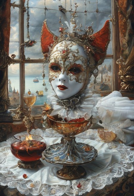 A still life in the style of 17th-century Dutch masters: Venetian mask with gilt edges and velvet texture, antique brass hourglass, crystal goblet filled with red wine, grapes with dewdrops. Dramatic Rembrandt-style lighting from a side window casting deep shadows. Through the window: a fantasy landscape — medieval castle with floating bridges and stained-glass towers, Baroque clouds (voluminous, illuminated by golden light), and a majestic dragon with iridescent scales soaring across the sky. Details: dust motes in light beams, cracked plaster walls, dragon's reflection in the goblet. Technique: oil painting with glazing layers, chiaroscuro contrast, hyperrealistic textures of aged wood and polished crystal.
