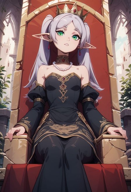 score_9, score_8_up, score_8, medium breasts, (curvy), cute, eyelashes,  rating_safe,
BREAK, 
zzFrieren, long hair, twintails, green eyes, grey hair, pointy ears, elf, black dress, 
BREAK, 
head tilt, sitting on throne, huge throne, oversized throne, ruins, 
abandoned castle, crown, pearl necklace, 
zPDXL,