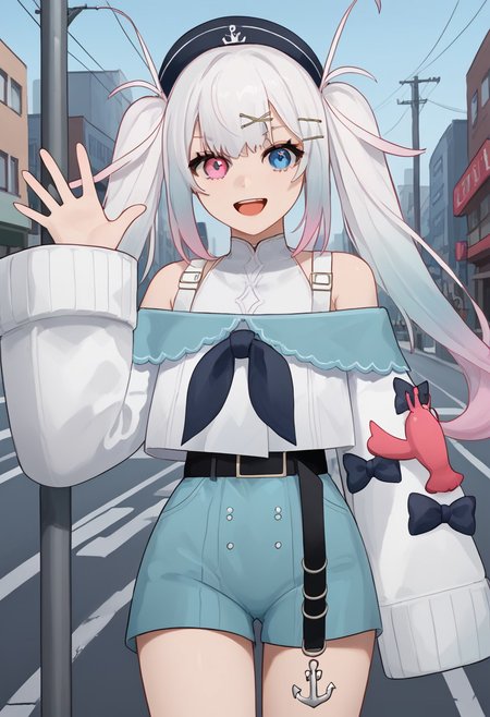 1girl, solo, Retsubol, twintails, hair ornament, long hair, white hair, multicolored hair, hairclip, bangs, gradient hair, pink hair, black headwear, 
blue eyes, heterochromia, pink eyes
bare shoulders, off shoulder, sleeves past wrists, sleeves past fingers, bow, white shirt, blue shorts, black belt, belt buckle, 
single thighhigh, asymmetrical legwear, anchor symbol
cowboy shot, waving, looking at viewer, smile, open mouth, city, street, utility pole, power lines