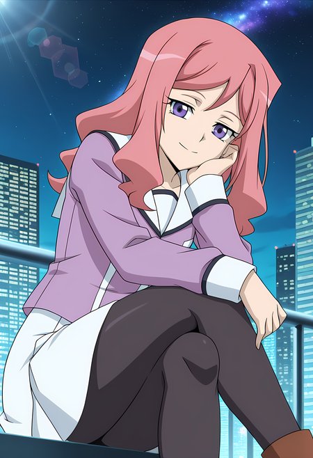 masterpiece,best quality,amazing quality,

solo, 

Kumi Okazaki (Cardfight Vanguard), long hair, pink hair, purple eyes,

school uniform, purple shirt, serafuku, white sailor collar, long sleeves, white skirt, black pantyhose, brown footwear,

looking at viewer, smile, cheeks leaning on arm,

cinematic, cross legs, crossing legs, 

Outdoors, night, On top skyscraper, sci-fi city, (galaxy sky:1.2),

Lens flare, bloom,

Official style, anime screencap, anime coloring,













