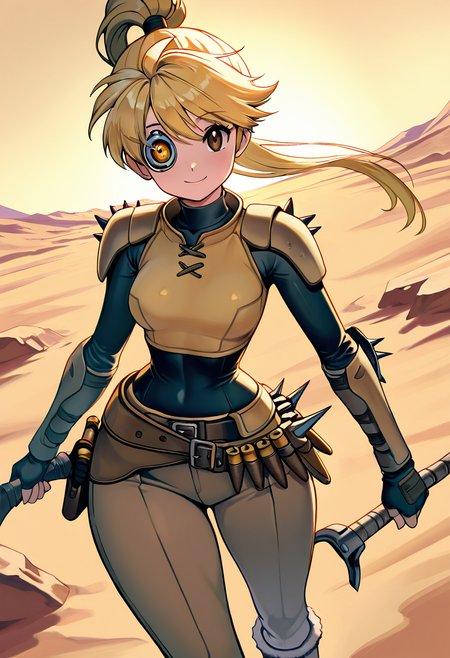 masterpiece, best quality, solo, curvy, beautiful eyes, narrow waist, wide hips, 1girl, solo, smile, looking at viewer, dynamic angle, foreshortening, close up,    zzYellow, brown eyes, blonde hair, long hair, ponytail, bangs,  , <lora:YellowPokemon_NAI:1.0>, [Wasteland Bounty Hunter], patched-up armored jacket, sand-worn utility pants, fingerless gloves, cybernetic eye piece, weathered boots with spikes, bandolier of tools; set in a scorched desert city ruin under harsh sun, windblown sand and rusted remnants of old tech, tense and gritty atmosphere,