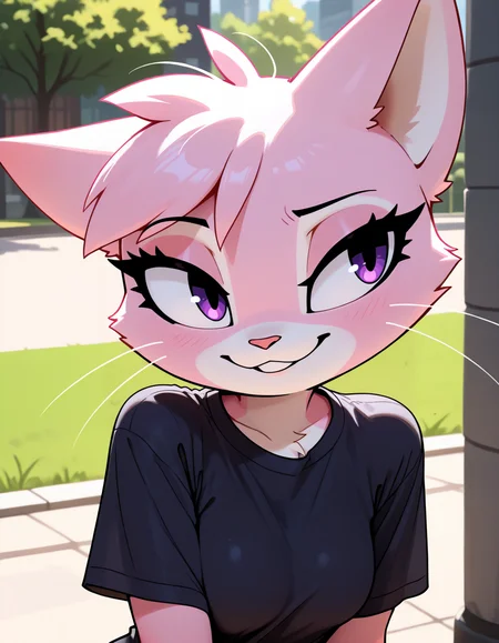 masterpiece, best quality, very aesthetic, absurdres,
outdoors, casual, 
upper body, headshot,
t-shirt, 
seductive smile, parted lips, long eyelashes,
 <lora:Jana_v01_NAIXL:1>
J4n4,1girl,solo,furry,furry female,cat girl,cat ears,purple eyes,animal nose,whiskers,body fur,two-tone fur,pink fur,white fur,