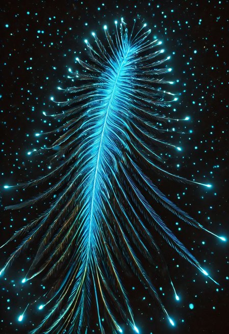 masterpiece, best quality, high resolution, absurdres, ultra-detailed, intricate details, ultra detailed, 8k, highly detailed, very aesthetic, professional 4k, Canon 5d mark 4, extremely detailed, very_detailed, high_detail, sharp focus, clean lines, perfect anatomy, realistic style,  
phoenix illuminated by bioluminescent feathers. glowing feathers, casting a soft, ethereal light. 
The overall atmosphere is serene and magical, with a starry night sky visible.
black background, 
film grain, cinematic, colorful, moody lighting, natural light, soft light, depth of field, bokeh, light particles, backlight, chiaroscuro, refraction, subsurface scattering