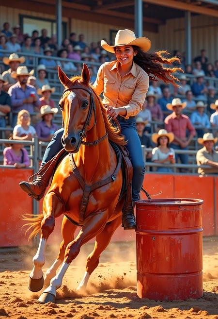 A determined cowgirl with long braided hair and a dusty leather hat grips the reins of her powerful chestnut horse, muscles tense as she leans into the turn around a bright red barrel. The dirt beneath them kicks up in a swirling cloud as the crowd cheers from the wooden stands. Spectators wave cowboy hats and hold cups of sweet tea, and a little girl in pink cowgirl boots watches with wide eyes, dreaming of her own rodeo future. Behind the arena, a cowboy tunes his guitar, ready to play for the nightâs country dance. Epic scene.  Colorful.  Vibrant Glow.