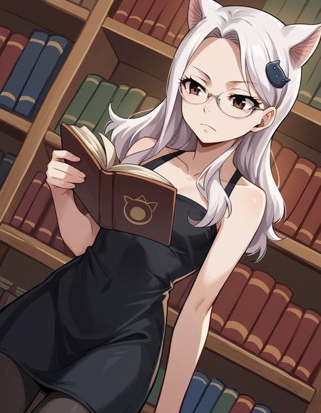 score_9, score_8_up, score_7_up, source_anime, <lora:fairytail-carla-anime-ponyxl-lora-nochekaiser:1>, fairy tail carla, long hair, hair ornament, animal ears, brown eyes, white hair, cat ears,, dress, pantyhose, black dress, black pantyhose, frills, bare shoulders, collarbone,, library, reading books, glasses, quiet, focused, shelves of books, , , arm wrapped around someone, solo,, cowboy shot, dutch angle