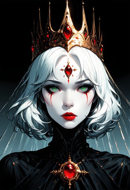 masterpiece, best quality, good quality, very awa, very aesthetic, absurdres, newest, 1girl, solo, looking_at_viewer, short_hair, simple_background, dress, closed_mouth, jewelry, green_eyes, white_hair, necklace, black_dress, parted_bangs, eyelashes, lips, gradient_background, makeup, turtleneck, expressionless, facial_mark, black_background, portrait, crown, gem, lipstick, pale_skin, veil, eyeshadow, white_skin, high_collar, nose, red_lips, straight-on, forehead_jewel, dark_background, red_gemstone, long_eyelashes, mascara, runny_makeup