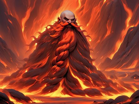 Harry_Dwarf,  <lora:Harry_Dwarf:1>, red long beard, braided moustache,  bald, in a volcanic region, singed hair, lava, flaming hair