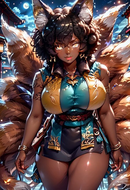 (score_9), score_8_up, score_7_up, 
anime
1girl, full body,
(dark brown skin, beautiful, black hair, curly hair (large round afro: 1.4), (((Kitsune)), Fox ears, ((fox tail)), large tail, (nine tails), (multiple tails), saddle brown tails:1.2, black fur tips: 1.6), (yellow eyes, slit pupils: 1.4), (glowing eyes: 0.8), eyesHD, high gradient eyes, high definition eyes, detailed eyes, teeth with fangs, black claws, 
tattoo, hood, jewelry, bracelet, sleeveless, hoodie, 
gigantic breasts, round breasts, huge ass, sexy, thick thighs), top heavy, black lipstick, silver jewelry, evil grin, sexy, (black hole in hand), holding black hole, handfixer, 
blue flames
Alleyway, night, event horizon, gravitational lensing
