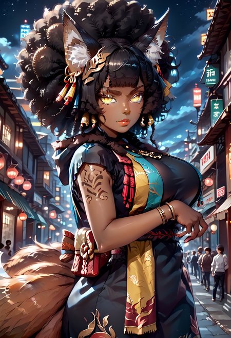 (score_9), score_8_up, score_7_up, 
anime
1girl, full body,
(dark brown skin, beautiful, black hair, curly hair (large round afro: 1.4), (((Kitsune)), Fox ears, ((fox tail)), large tail, (nine tails), (multiple tails), saddle brown tails:1.2, black fur tips: 1.6), (yellow eyes, slit pupils: 1.4), (glowing eyes: 0.8), eyesHD, high gradient eyes, high definition eyes, detailed eyes, teeth with fangs, black claws, 
tattoo, hood, jewelry, bracelet, sleeveless, hoodie, 
gigantic breasts, round breasts, huge ass, sexy, thick thighs), top heavy, black lipstick, silver jewelry, evil grin, sexy, (black hole in hand), holding black hole, handfixer, 
blue flames
Alleyway, night, event horizon, gravitational lensing