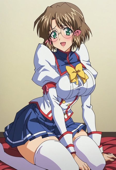 <lora:RaikaKenStyle-09:1> true blue kaya, short hair, brown hair, hair ribbon, green eyes, glasses, blush, (school uniform), skirt, thighhighs, long sleeves, white jacket, blue skirt, miniskirt, puffy sleeves, pleated skirt, <lora:Kaya_-_a«a¤_TRUE_BLUE_Gaiden_for_Pony:1>, rating_questionable,1girl, breasts, solo, large_breasts, kneeling, one_hand_on_ground, other_hand_on_thigh, torso_twist, side_view, elegant_pose, soft_lighting, medium_angle, clean_background, artistic_composition
  score_9, score_8_up, score_7_up, score_6_up, shiny, shiny skin, shiny hair, 8k, masterpiece, absurdes, highly detailed, highres, high quality, best quality, anime screencap, anime coloring, happy