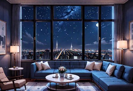 ((((front view)))), Shallow scene, ((animation style)), (((City high-rise building scenery))), ((((City scenery outside the window)))), ((sense of mystery)), (night), starry sky, moonlight, (weak warm light), (Facing the window), (open window), modern-style interior,  (sofa and coffee table by the window sill), Wooden floor, with white walls, (large windows), carpet, a living room, (Behind the sofa is the window sill),