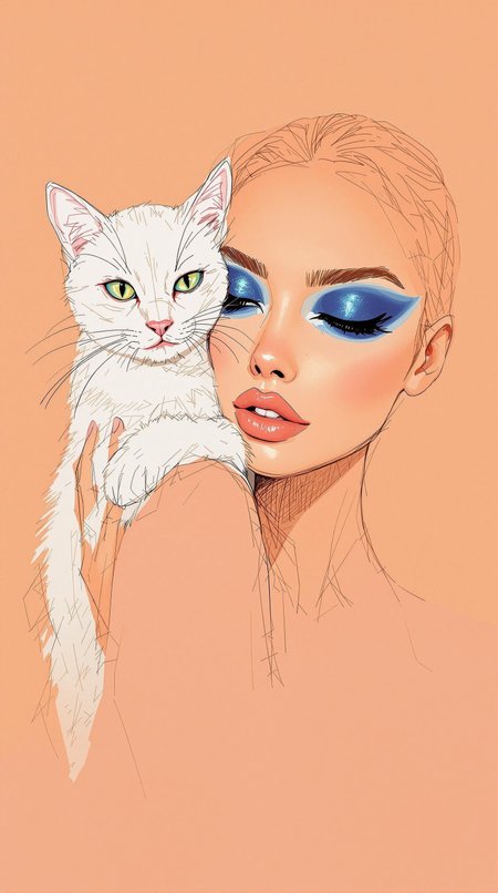 An unfinished sketch of a warm peach colored young woman with stylized deep blue metallic eyeshadow and striking eyes, holding bright white cat with piercing green eyes against her shoulder. Both are set against a warm peach background that matches the woman skin color. her expression is kind of sleepy and contemplative, whereas the cat looks directly at the viewer. The drawing is characterized by fluid lines and an unfinished, expressive style.