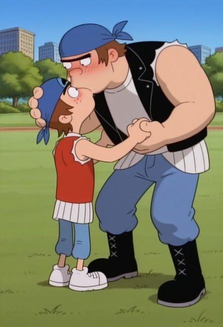 source_cartoon, score_9, score_8_up, score_7_up, High Quality, 2boys, body difference, break
torvald, 1boy, blue bandana, brown hair, black eyes, unibrow, thick eyebrow, big body, blue pants, black leather boots, red sleeveless shirt, black sleeveless jacket, open jacket, break
1boy, Black hair, Black eyes, short hair, Black eyebrows, thin, white shirt, blue pants, white tennis shoes, freckles, blushing,break
holding hands, Kissing,  hugging, in love, gay couple, boyfriends,   nervous, park, grass, blue sky, sunny,