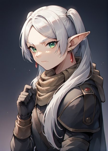 source_ anime, dark background,<lora:frieren_nereirfpnxl_pony_v2:0.8> nereirfpnxl, frieren, pointy ears, long hair, elf, earrings, green eyes, twintails, looking at viewer, white hair, closed mouth, <lora:Cayde-6_PonyXL:0.8> armor, scarf, cape, black gloves, hood,, BREAK score_9, score_8_up, score_7_up, score_6_up, score_5_up,
