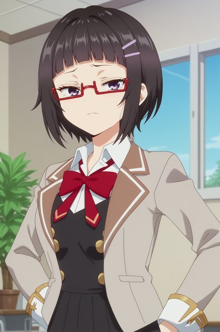 sayaka taniyama,anime screencap,1girl,solo,mature,short hair,school uniform,bow,purple eyes,jacket,bangs,red bow,shirt,collared shirt,indoors,classroom,windows,sky,plant,red-framed eyewear,hairclip,bangs,emotionless,arms on hips <lora:Sayaka_Taniyama - PDXL2.safetensors:0.8> <lora:detailed_backgrounds_v2:0.8>