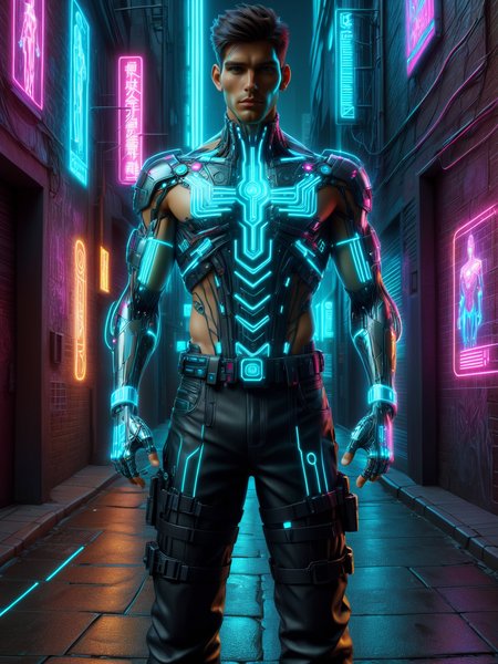 man in cyberounk alley, Crossed arm pose <lora:Neon_Cyberpunk_SDXL:1> neonbody, cyberbody, holodrift, (masterpiece:1.2), best quality