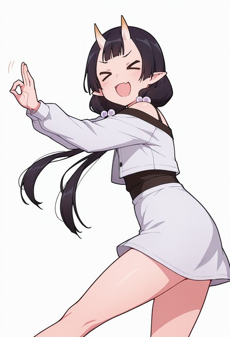 Smooth Quality,masterpiece,very intricate, high quality details, ultra realistic, high detailed skin,detailed enviorement,absurdres,
stop (gesture),solo,
 <lora:Care_Resumisu_CNR:0.8> care_cnr, 1girl,black hair, pointy ears, long hair, yellow eyes, oni, low twintails, skin-covered horns, bobbles,, simple background, white background, from side,
jumping, arms raised, legs bent, happy face, energetic posture,  ,, off-shoulder top, ,cropped jacket, ,wrap skirt,  ,, xd,
