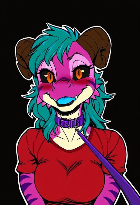 a furry sticker of, white outline:1.4, simple background, by incase, score_9, score_8_up, score_7_up, score_6_up, score_5_up, best quality, highly detailed, intricate details, extremely detailed, masterpiece, 4k, fine details, subtle soft details, futanari, ((Kobold)), ((pink scales:1.4)), split complimentary color scheme, ((purple stripes)), ((black sclera)), ((glowing orange eyes, orange iris, black pupils, split pupils)), (long eastern dragon tail), ((brown ram horns)), ((long teal hair:1.4)), ((purple slave collar)), ((black lipstick)), black eyeliner, plump, cute, medium breasts, cleavage, curvy, red long gloves, large iris, smiling, 1girl, solo, solid bright green background, looking at viewer, (bust shot), red tshirt, red t-shirt, side view, eyes partially closed, deep blush, embarrassed, light blue tongue, half closed eyes, emote, viewer on leash, l3ashed, leash pull