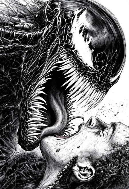 A cinematic medium shot of Venom from the Spider-Man movie. The symbiote's teeth, tongue, and inner mouth are visible as it eats the head of a human. The background is white. The image is a pencil sketch with a high level of detail.