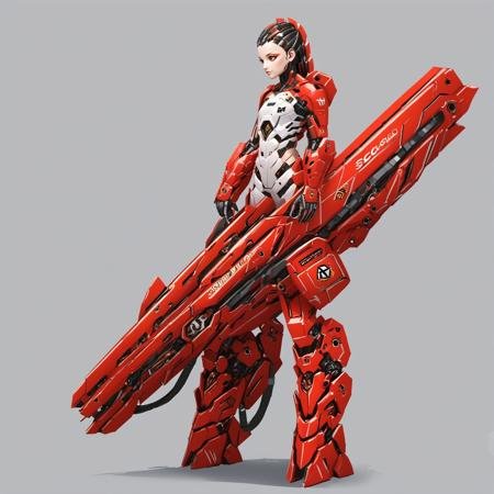 score_9, score_8_up, score_7_up, rating_safe, concept art, semi-realistic, 1girl, solo, Sci-fi.
Young beautiful face, fit body, 
HHWeapon, Holding weapon, ((Huge weapon)),
Holding weapon with one hand.
Mecha musume.
Simple background.
