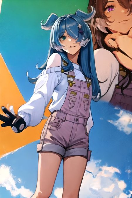 solo, 1girl, solo_focus, (((masterpiece))), ((best quality)), ((ultra-detailed)), high resolution, absurdres, highres, ultra-detailed 8k unity wallpaper, 
elira1st, long sleeves, overalls, white sweater, off shoulder, grey gloves, one eye covered, overall shorts