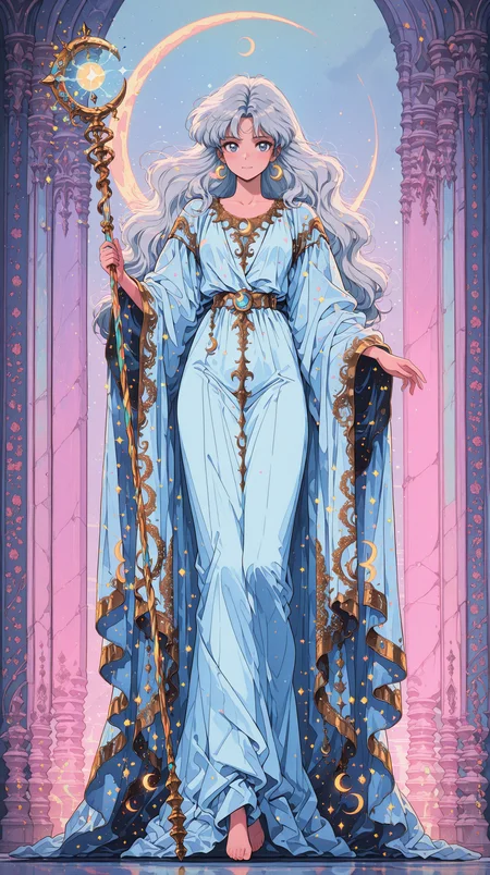 1girl, long silver hair, glowing blue eyes, elegant robes, intricate golden embroidery, crescent moon staff, floating magical symbols, ethereal glow, soft lighting, fantasy portrait masterpiece, best quality, amazing quality, very aesthetic, absurdres, detailed eyes, newest, <lora:PinkieRetroAnimeIL:1>, pinkretroanime, retro art, stylized, in pastel rainbow hues, full body,