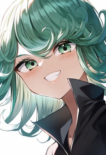 score_9, score_8_up, score_7_up, source_anime, hi res, masterpiece, best quality, highres, rkanime_ps, tatsumaki, close up, upper body, smile, looking at viewer, from below