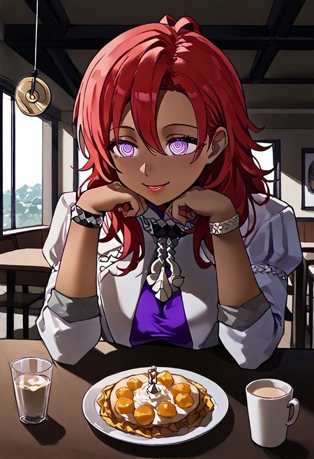 Hapi being hypnotized,
score_9, anime, 1girl, lewd, smooth, 
mind control, hypnosis, ((pendulum in front of face)), @ @, holding pendulum, looking at pendulum,
<lora:pov-across-table-ponyxl-lora-nochekaiser:1> pov across table, pov dating, restaurant, table, meal, care, cup, head rest, smile, elbow on table, food, elbow rest, (disembodied hand),
defHapi, dark skin, white jacket, pendant, purple crop top, white skirt, bracelet, single thighhigh, black boots, cleavage, red hair,