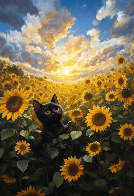 A field full of sunflowers during sunset, a small black cats face pops out and smiles. a sense of calm and relaxation, the setting sun reflecting on the clouds ,aidmaMJ6.1, DB4RZ, DB4RZ style painting