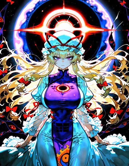 optical illusion, ssambatea, quasarcake, Fishine,yakumo_yukari, absurdres, highres, 1girl,  huge breasts, cowboy_shot, dress, gap_(touhou) ,hat, hat_ribbon, long_hair, looking_at_viewer ,mob_cap ,purple_dress, purple_eyes, red_ribbon, ribbon , cowboy shot, solo, very_long_hair, black_background, white_hat, eyes on background, black hole ,yin yan, glowing, star, earth, space, space hair, cosmic horror, horror \(theme\),<lora:illustrious_noobai_epsilon_pred_1_best_quality_v1:0.7> ,<lora:illustrious_noobai_epsilon_pred_1_masterpieces_v1:0.7>, <lora:ponyv4_noob1_2_adamW:0.7>, <lora:USNR STYLE_XL_loha:0.>,