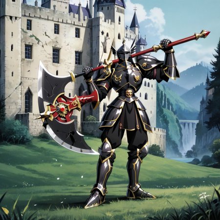 score_9, score_8_up, score_7_up, score_6_up, score_5_up, score_4_up, source_anime,NCRender,retro artstyle,black armored knight,spiked armor,holding axe,full body,dynamic pose,castle,outdoors